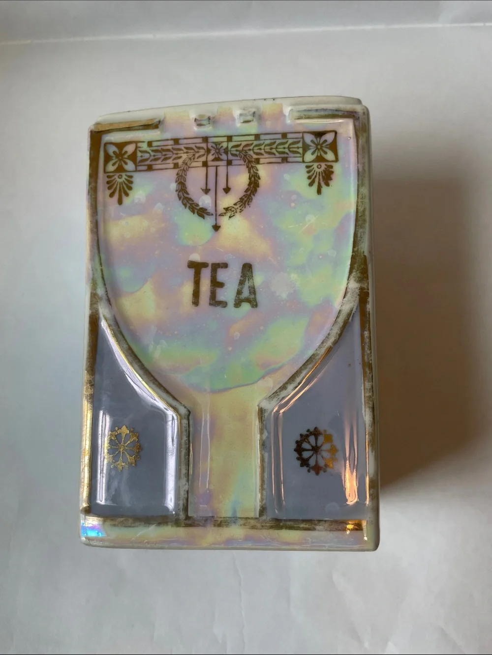 Antique White Block Germany Tea Canister Lid Gold Trim Iridescent Lusterware